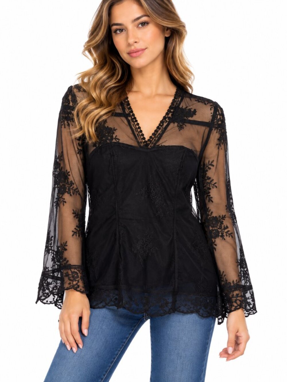 Diva Black Lace Mesh Long Sleeve Romantic Blouse Top Size L